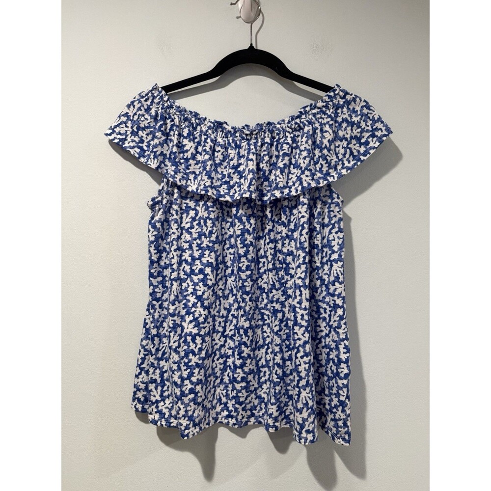 J Jill Coral Print Top Womens XS On/Off Shoulder Ruffle Cotton Stretch Travel